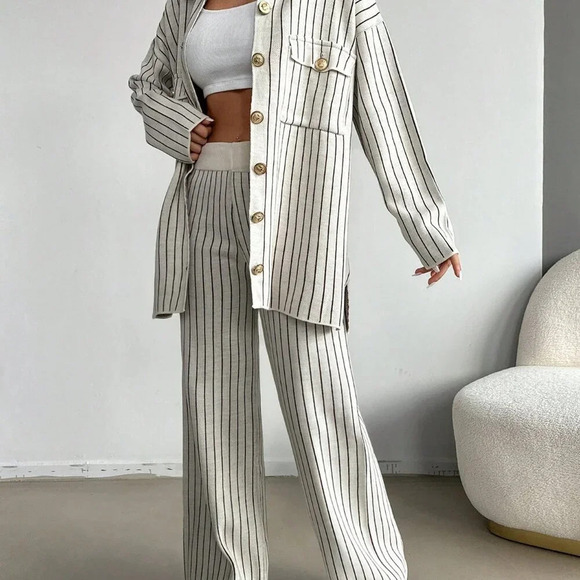 Apricot Casual Women's Striped Pattern Drop Shoulder Cardigan & Knit Pants - Picture 3 of 5